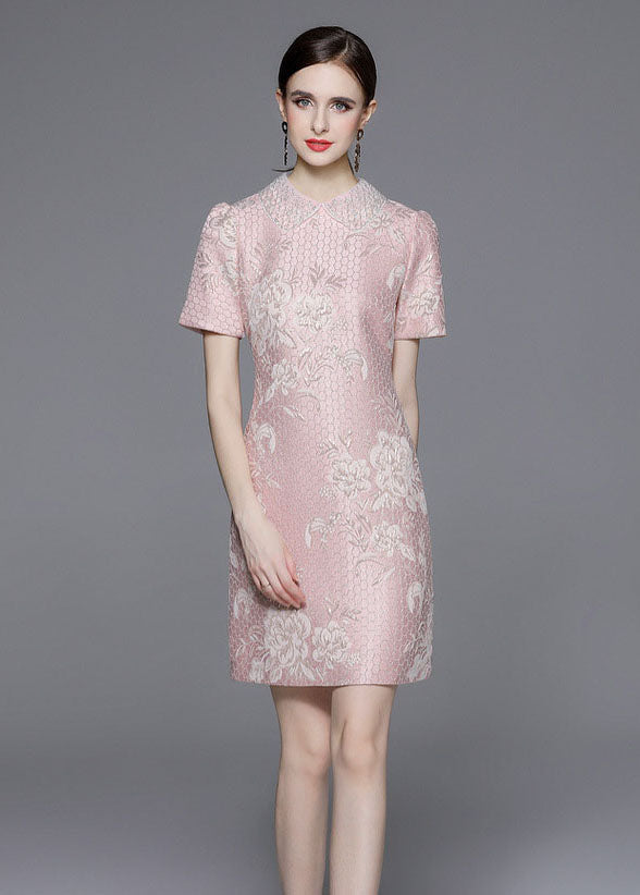 Style Pink Peter Pan Collar Jacquard Patchwork Cotton Mid Dress Summer LY7446 - fabuloryshop