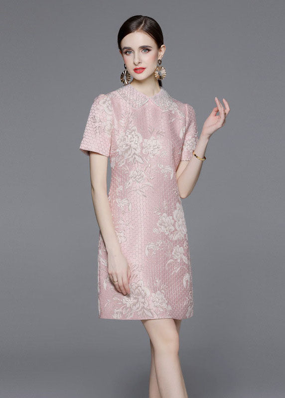 Style Pink Peter Pan Collar Jacquard Patchwork Cotton Mid Dress Summer LY7446 - fabuloryshop