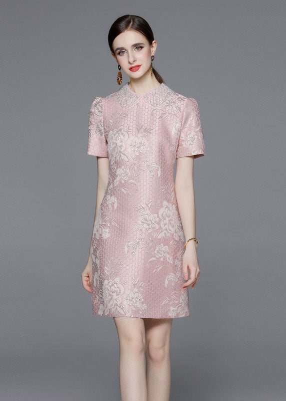 Style Pink Peter Pan Collar Jacquard Patchwork Cotton Mid Dress Summer LY7446 - fabuloryshop