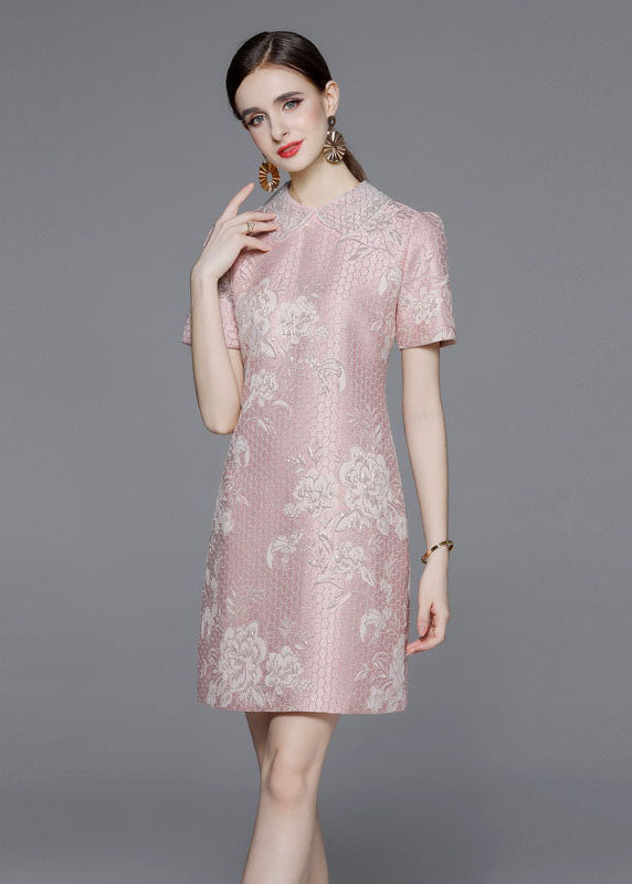 Style Pink Peter Pan Collar Jacquard Patchwork Cotton Mid Dress Summer LY7446 - fabuloryshop