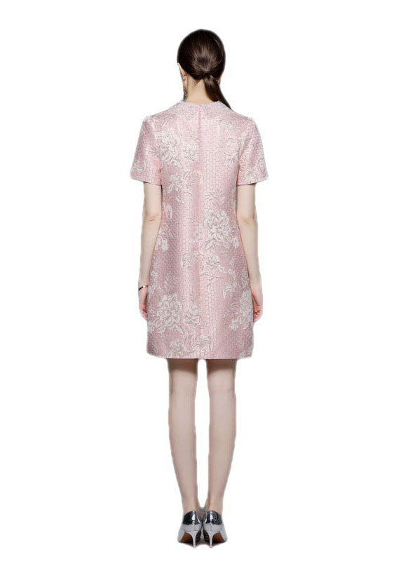 Style Pink Peter Pan Collar Jacquard Patchwork Cotton Mid Dress Summer LY7446 - fabuloryshop