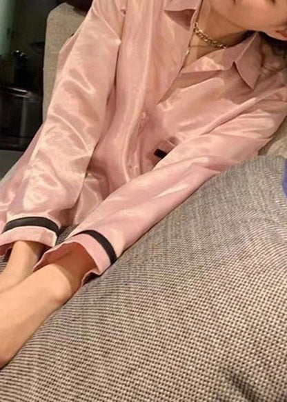 Style Pink Peter Pan Collar Patchwork Ice Silk Pajamas Two Piece Set Spring LY2814 - fabuloryshop