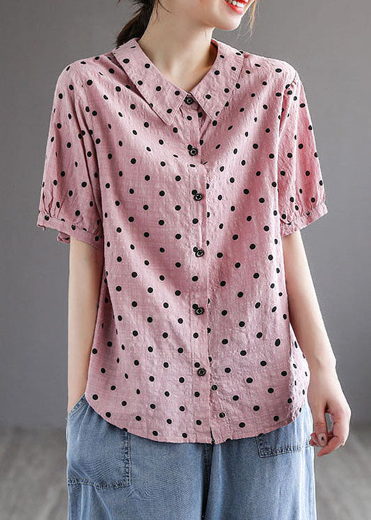 Style Pink Peter Pan Collar Print Patchwork Cotton Blouses Short Sleeve LY6262 - fabuloryshop