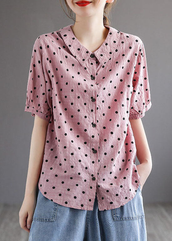 Style Pink Peter Pan Collar Print Patchwork Cotton Blouses Short Sleeve LY6262 - fabuloryshop