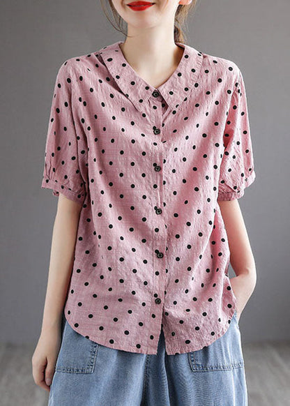 Style Pink Peter Pan Collar Print Patchwork Cotton Blouses Short Sleeve LY6262 - fabuloryshop