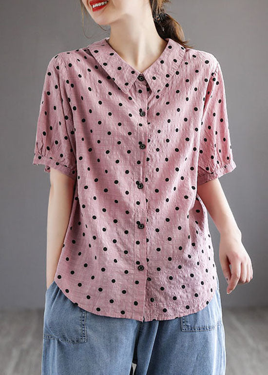 Style Pink Peter Pan Collar Print Patchwork Cotton Blouses Short Sleeve LY6262 - fabuloryshop