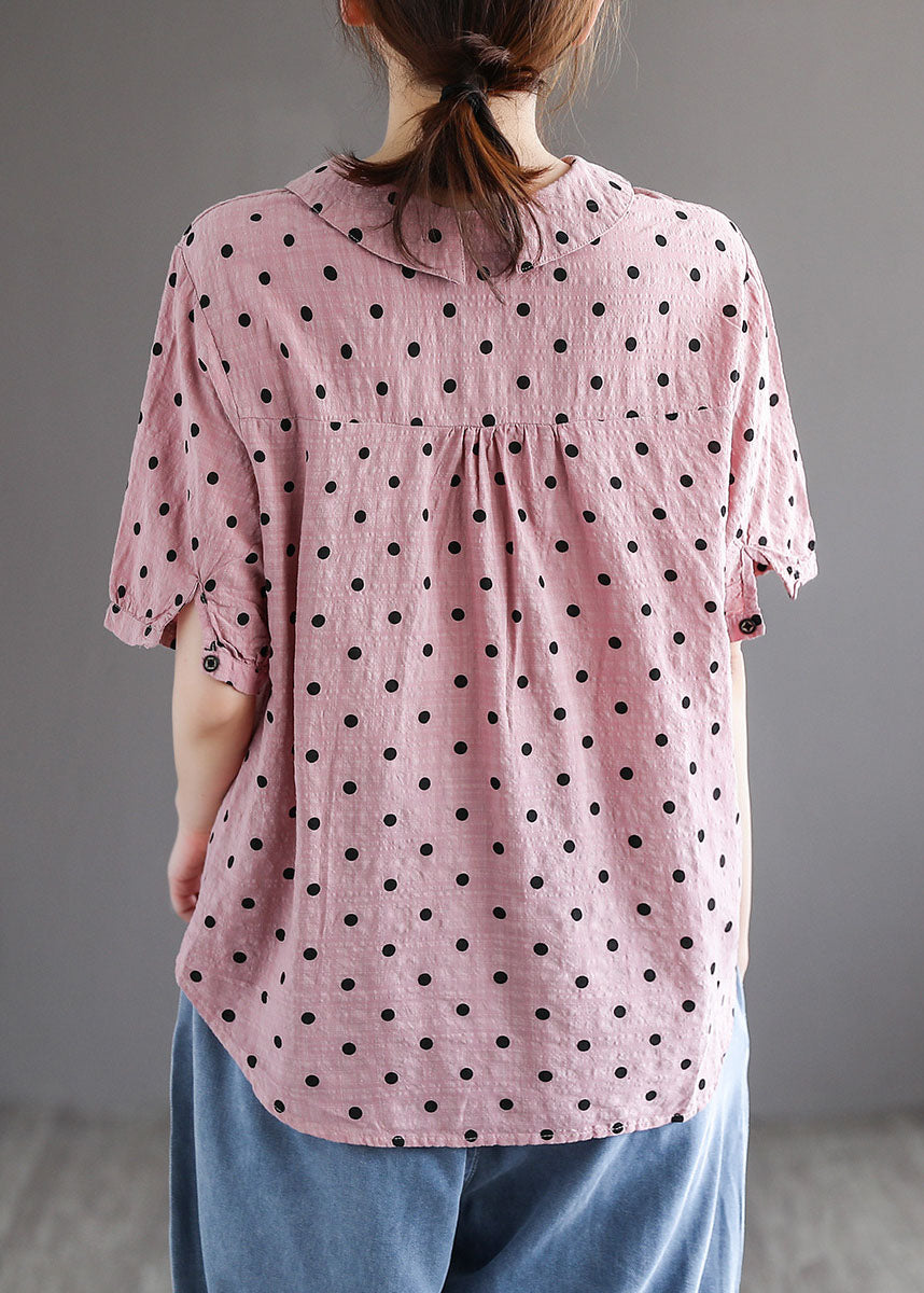 Style Pink Peter Pan Collar Print Patchwork Cotton Blouses Short Sleeve LY6262 - fabuloryshop