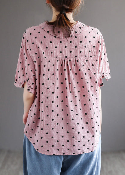 Style Pink Peter Pan Collar Print Patchwork Cotton Blouses Short Sleeve LY6262 - fabuloryshop