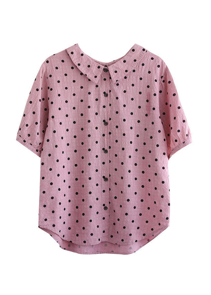 Style Pink Peter Pan Collar Print Patchwork Cotton Blouses Short Sleeve LY6262 - fabuloryshop