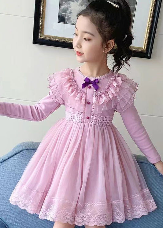 Style Pink Ruffled Lace Patchwork Warm Fleece Kids Girls Dresses Winter Ada Fashion