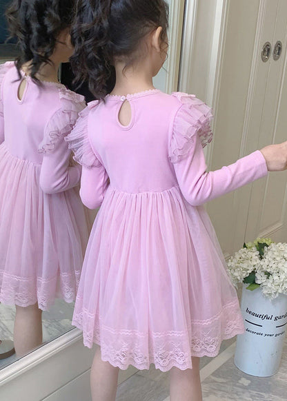 Style Pink Ruffled Lace Patchwork Warm Fleece Kids Girls Dresses Winter Ada Fashion