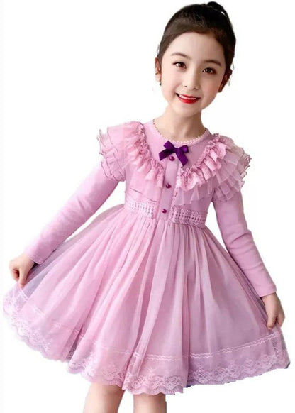 Style Pink Ruffled Lace Patchwork Warm Fleece Kids Girls Dresses Winter Ada Fashion