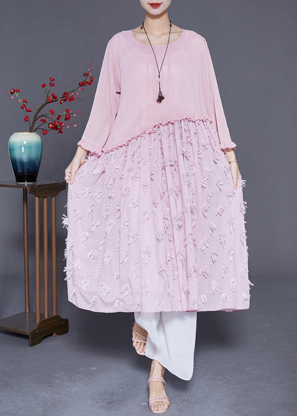 Style Pink Ruffled Patchwork Chiffon Long Dress Summer LY3674 - fabuloryshop