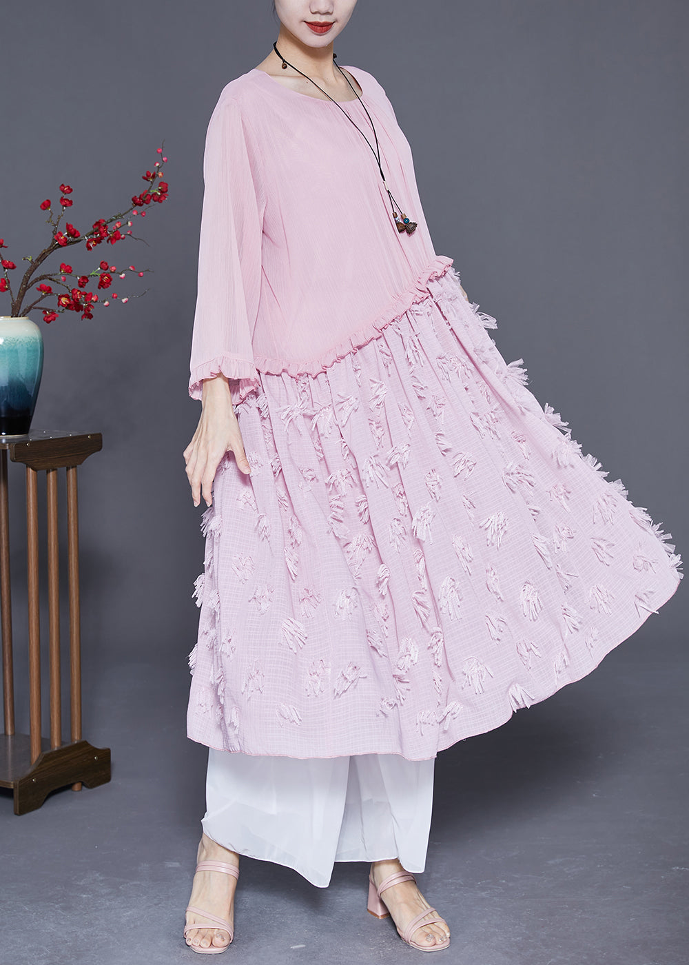 Style Pink Ruffled Patchwork Chiffon Long Dress Summer LY3674 - fabuloryshop