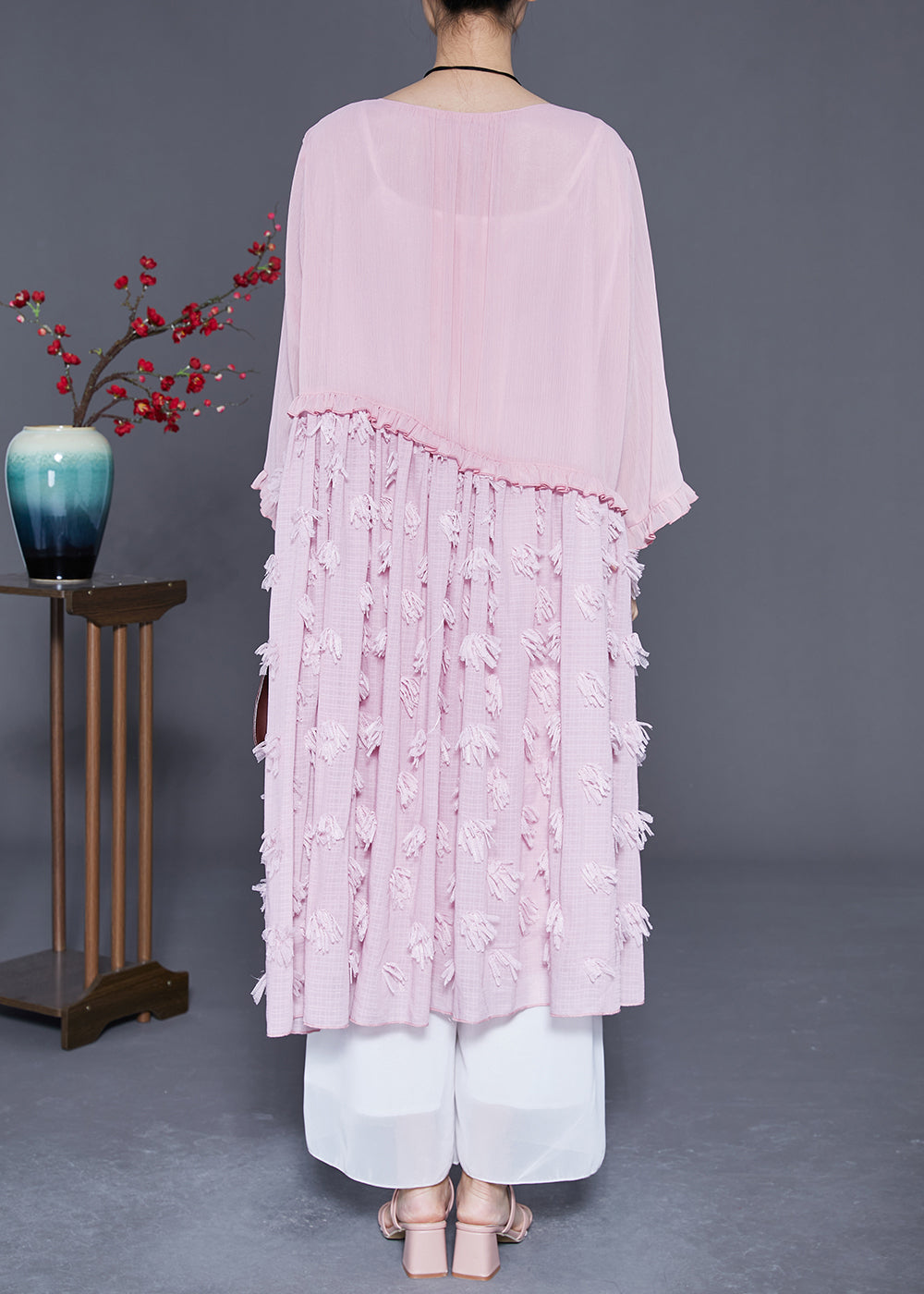 Style Pink Ruffled Patchwork Chiffon Long Dress Summer LY3674 - fabuloryshop