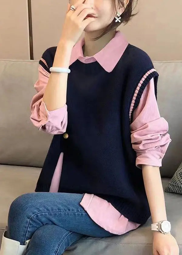 Style Pink Shirts And Navy Knit Vest Side Open Two Pieces Set Fall Ada Fashion