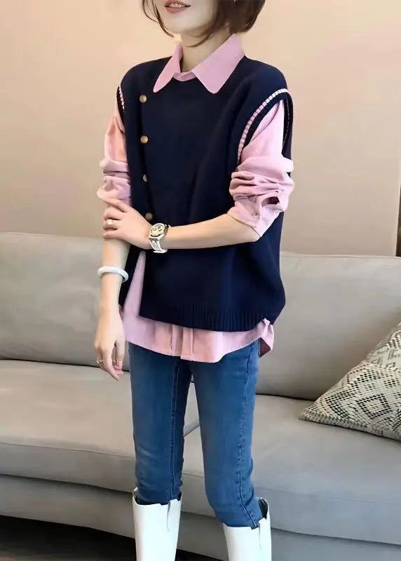 Style Pink Shirts And Navy Knit Vest Side Open Two Pieces Set Fall Ada Fashion