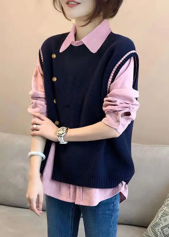 Style Pink Shirts And Navy Knit Vest Side Open Two Pieces Set Fall Ada Fashion