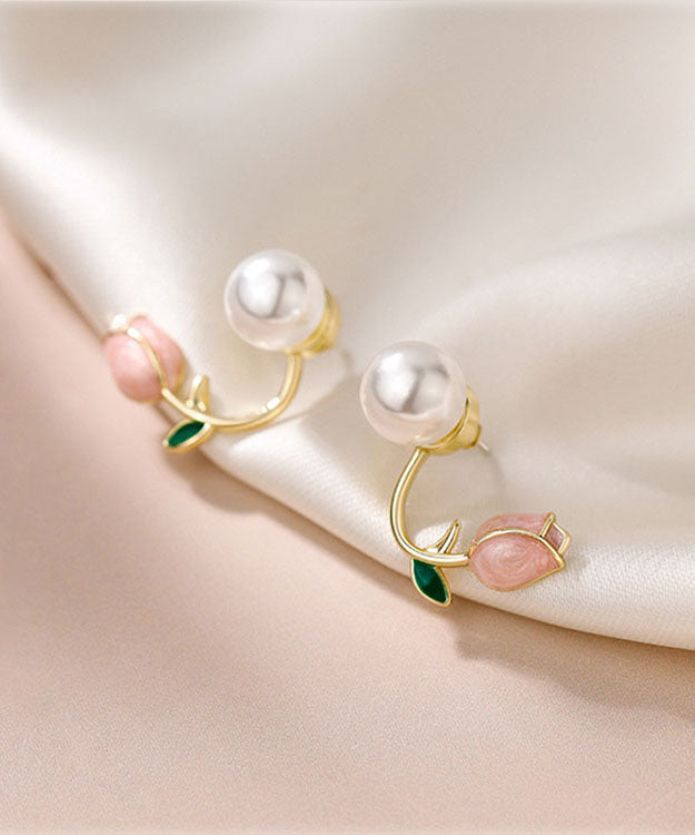 Style Pink Silver Overgild Pearl Oil Drip Hoop Earrings Ada Fashion