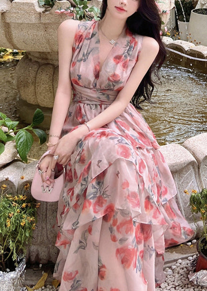 Style Pink V Neck Tie Waist Chiffon Holiday Maxi Dresses Summer LY2707 - fabuloryshop