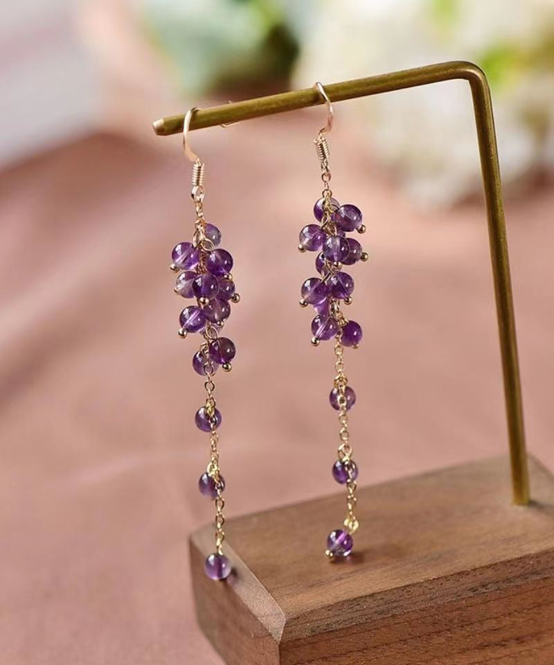 Style Purple Crystal Tassel 14K Gold Drop Earrings Ada Fashion