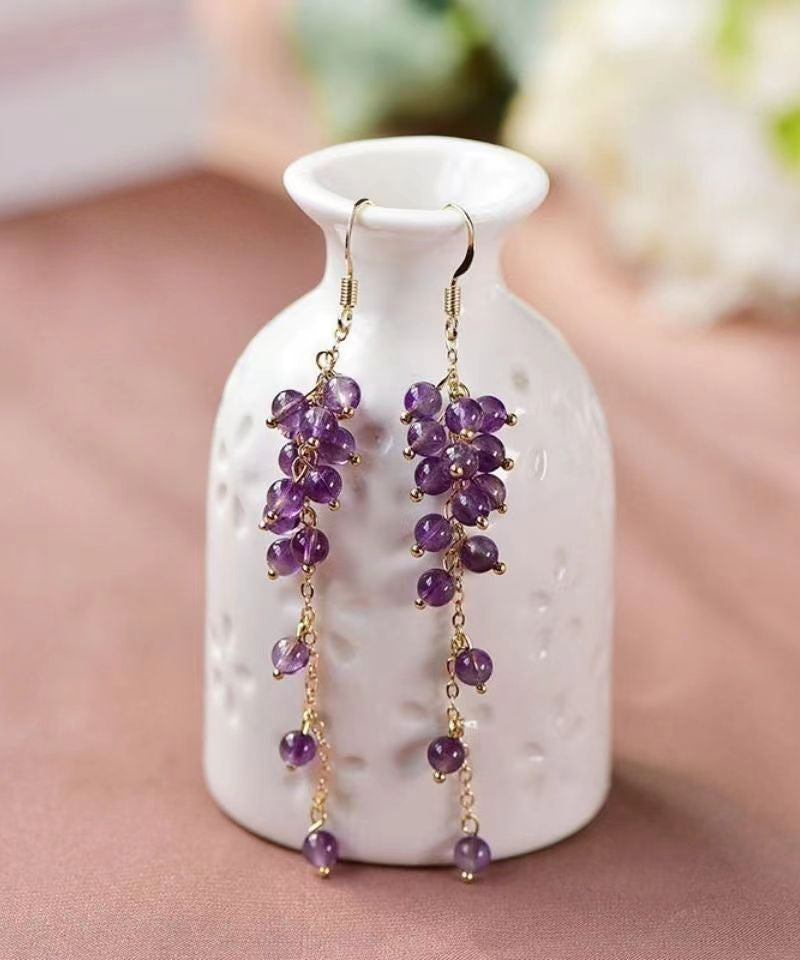 Style Purple Crystal Tassel 14K Gold Drop Earrings Ada Fashion