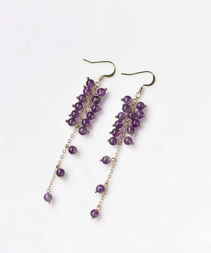 Style Purple Crystal Tassel 14K Gold Drop Earrings Ada Fashion