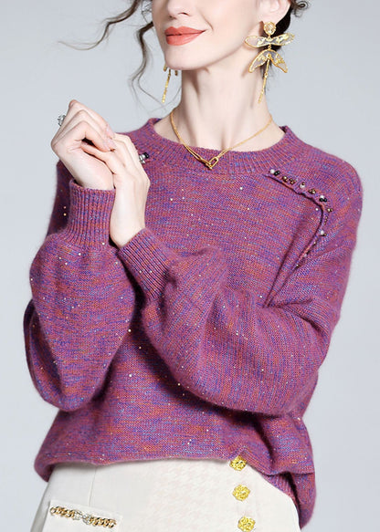 Style Purple O-Neck Nail Bead Cashmere Knit Sweaters Spring LY0128 - fabuloryshop