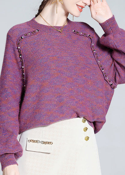 Style Purple O-Neck Nail Bead Cashmere Knit Sweaters Spring LY0128 - fabuloryshop