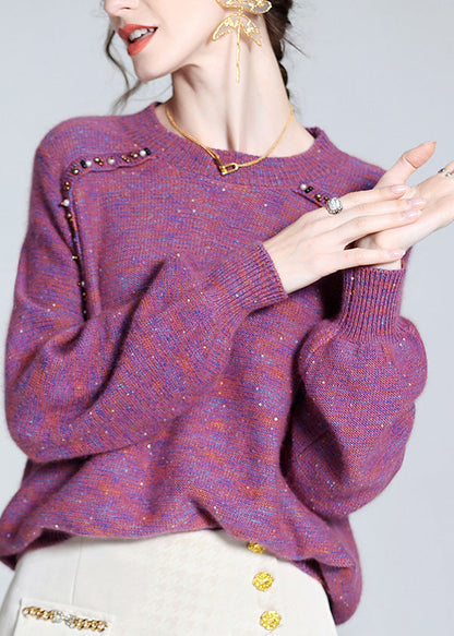 Style Purple O-Neck Nail Bead Cashmere Knit Sweaters Spring LY0128 - fabuloryshop