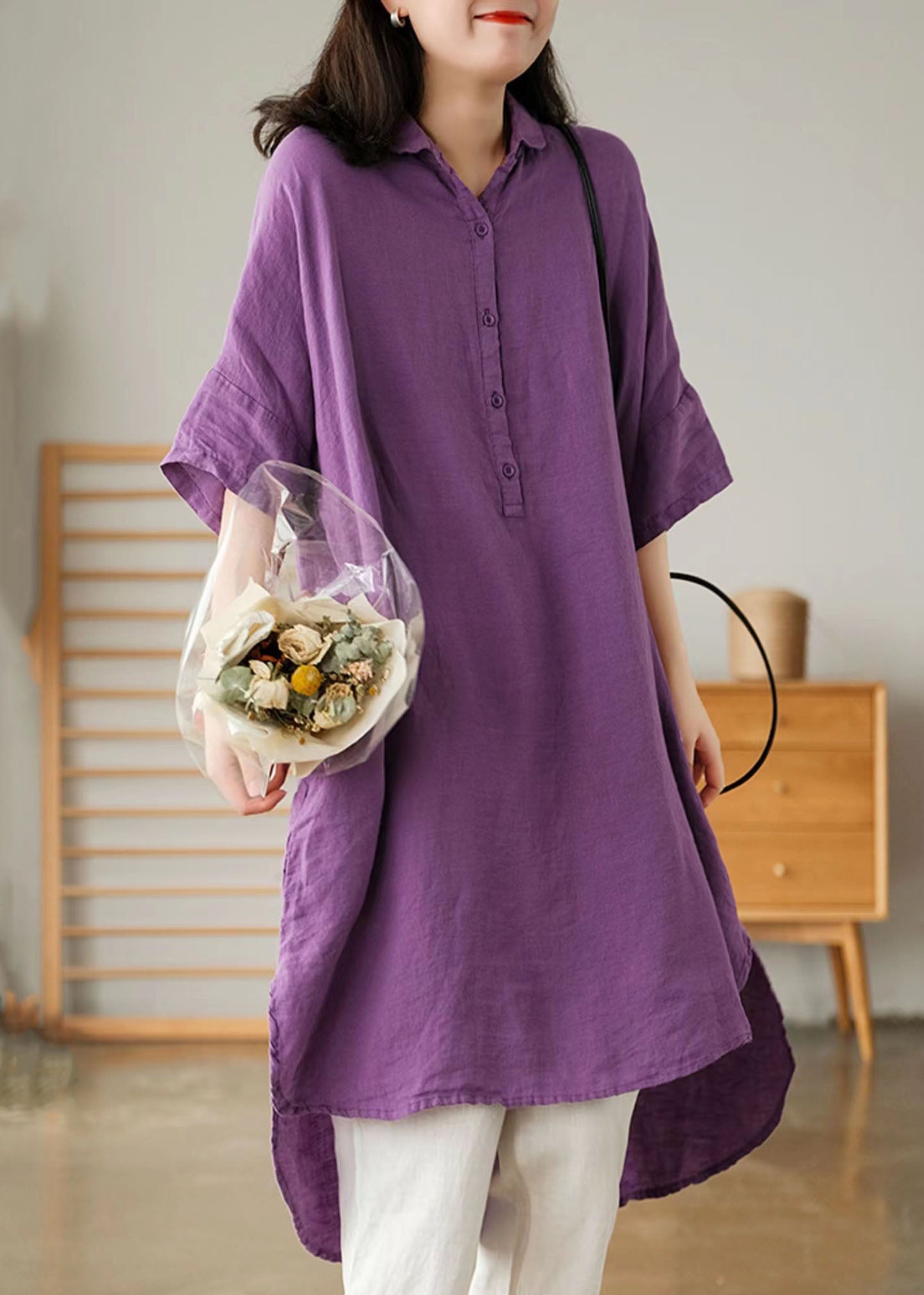 Style Purple Peter Pan Collar Button Linen Shirts Summer LY2099 - fabuloryshop