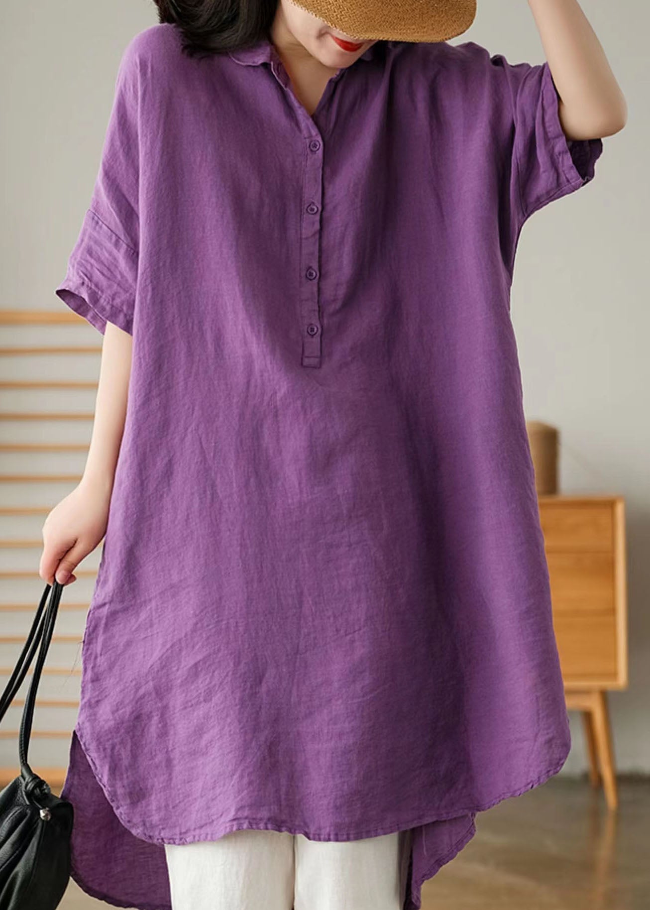 Style Purple Peter Pan Collar Button Linen Shirts Summer LY2099 - fabuloryshop