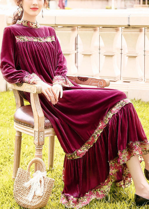 Style Purple Stand Collar Patchwork Embroideried Silk Velour Robe Dresses Spring LY0689