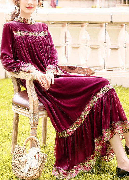 Style Purple Stand Collar Patchwork Embroideried Silk Velour Robe Dresses Spring LY0689 - fabuloryshop