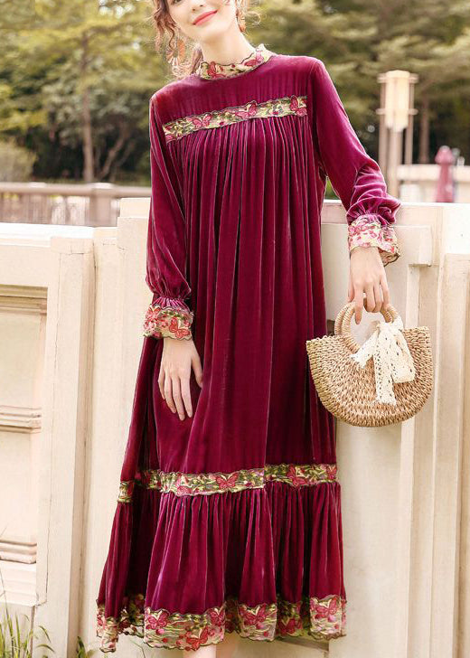 Style Purple Stand Collar Patchwork Embroideried Silk Velour Robe Dresses AC3062 - fabuloryshop