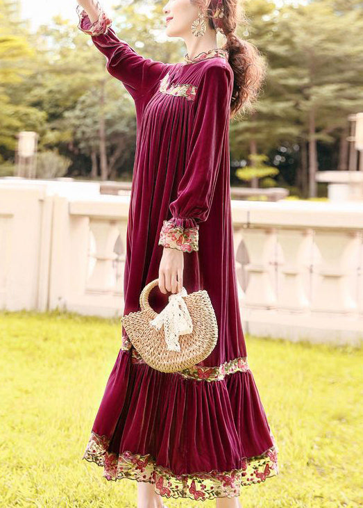 Style Purple Stand Collar Patchwork Embroideried Silk Velour Robe Dresses AC3062