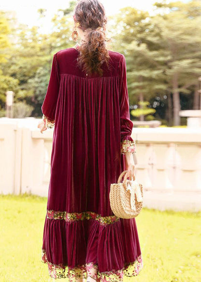 Style Purple Stand Collar Patchwork Embroideried Silk Velour Robe Dresses Spring LY0689 - fabuloryshop