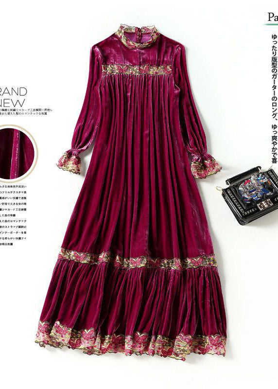 Style Purple Stand Collar Patchwork Embroideried Silk Velour Robe Dresses Spring LY0689 - fabuloryshop