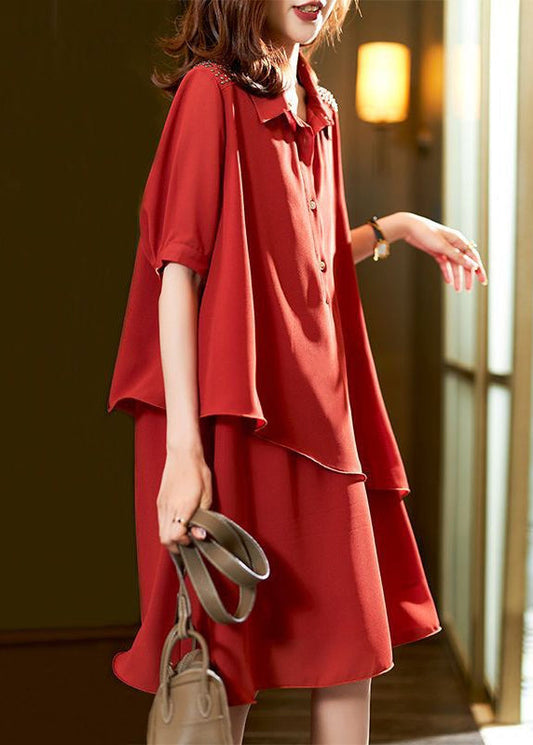 Style Red Asymmetrical Button Patchwork Chiffon Dresses Summer Ada Fashion