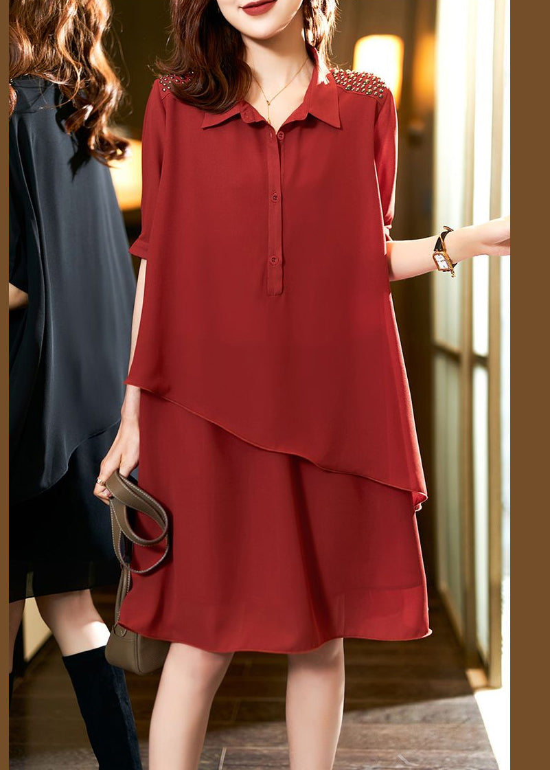 Style Red Asymmetrical Button Patchwork Chiffon Dresses Summer Ada Fashion