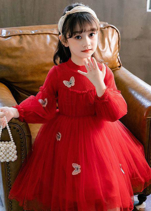 Style Red Butterfly Embroideried Knit Patchwork Tulle Kids Long Dresses Long Sleeve Ada Fashion