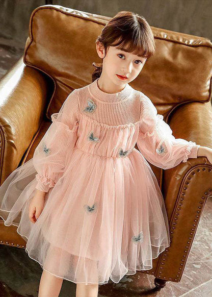 Style Red Butterfly Embroideried Knit Patchwork Tulle Kids Long Dresses Long Sleeve Ada Fashion