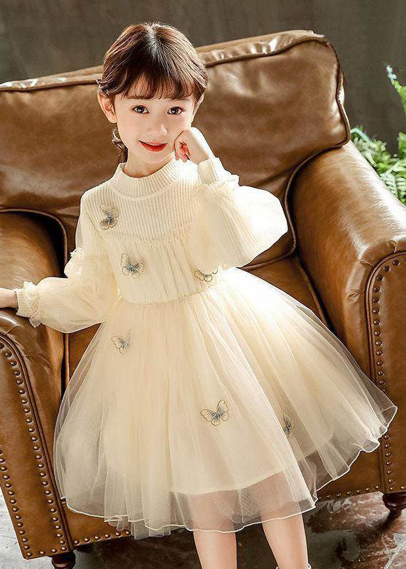 Style Red Butterfly Embroideried Knit Patchwork Tulle Kids Long Dresses Long Sleeve Ada Fashion