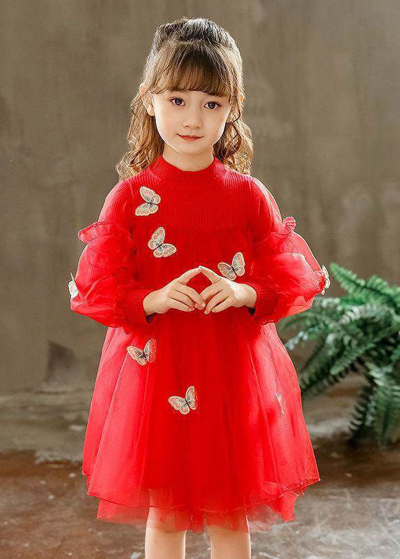 Style Red Butterfly Embroideried Knit Patchwork Tulle Kids Long Dresses Long Sleeve Ada Fashion