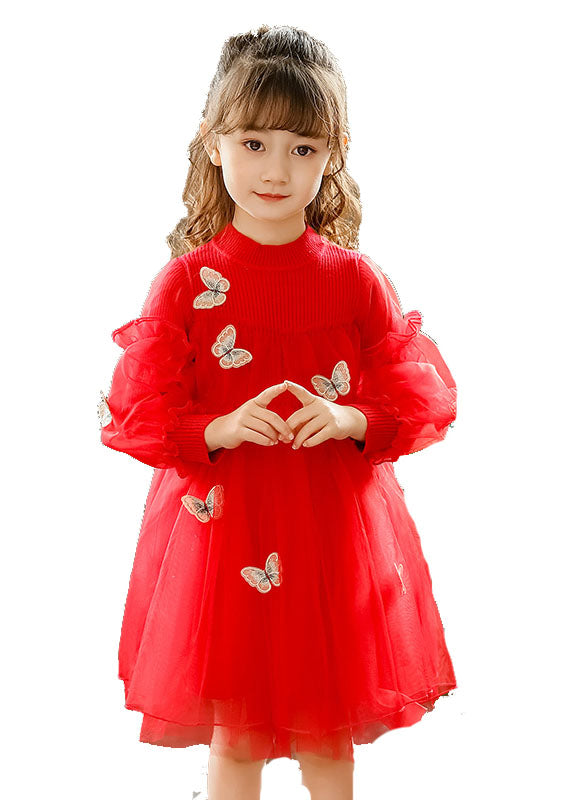 Style Red Butterfly Embroideried Knit Patchwork Tulle Kids Long Dresses Long Sleeve Ada Fashion