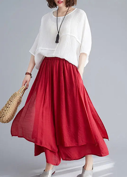 Style Red Elastic Waist Draping Linen Wide Leg Pants Summer Ada Fashion