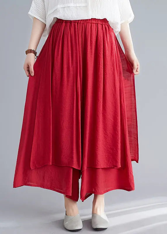 Style Red Elastic Waist Draping Linen Wide Leg Pants Summer Ada Fashion