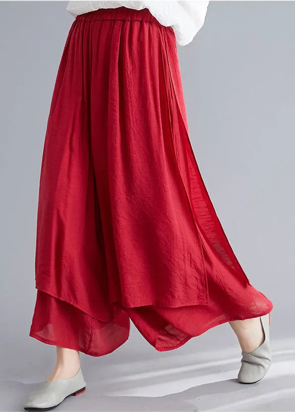 Style Red Elastic Waist Draping Linen Wide Leg Pants Summer Ada Fashion