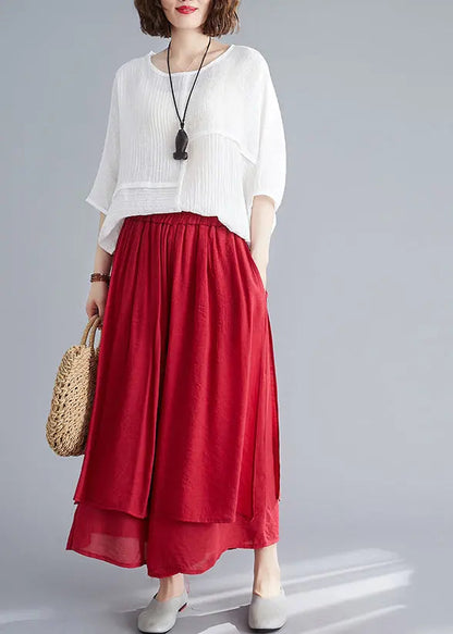 Style Red Elastic Waist Draping Linen Wide Leg Pants Summer Ada Fashion