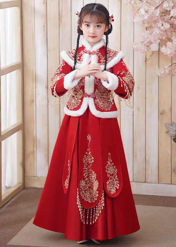 Style Red Embroideried Tassel Girls Coats And Long Skirts Two Piece Set Long Sleeve Ada Fashion